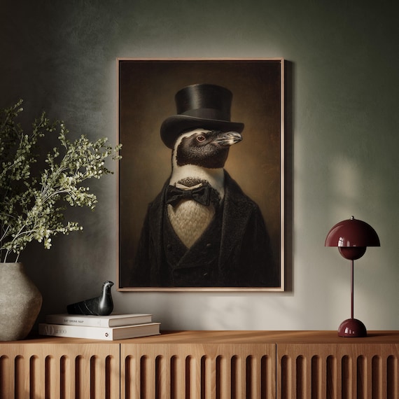 Victorian Penguin Portrait in Top Hat and Bow Tie Animal Wall Art