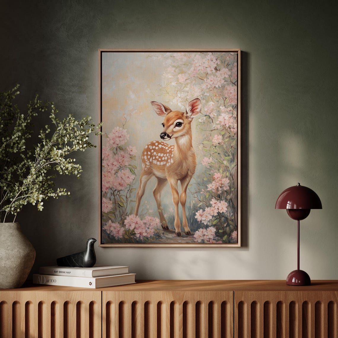 Spotted Fawn Standing Pink Blossom Branches Vintage Woodland Poster - Image 7