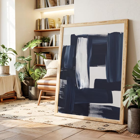 Minimalist Navy Abstract Canvas Wall Art Bold Brush Stroke Painting In Black White Indigo For Modern Home Or Office Decor