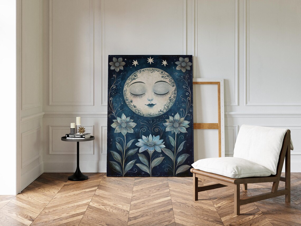 Celestial Moon and Floral Night Art Print - Image 3