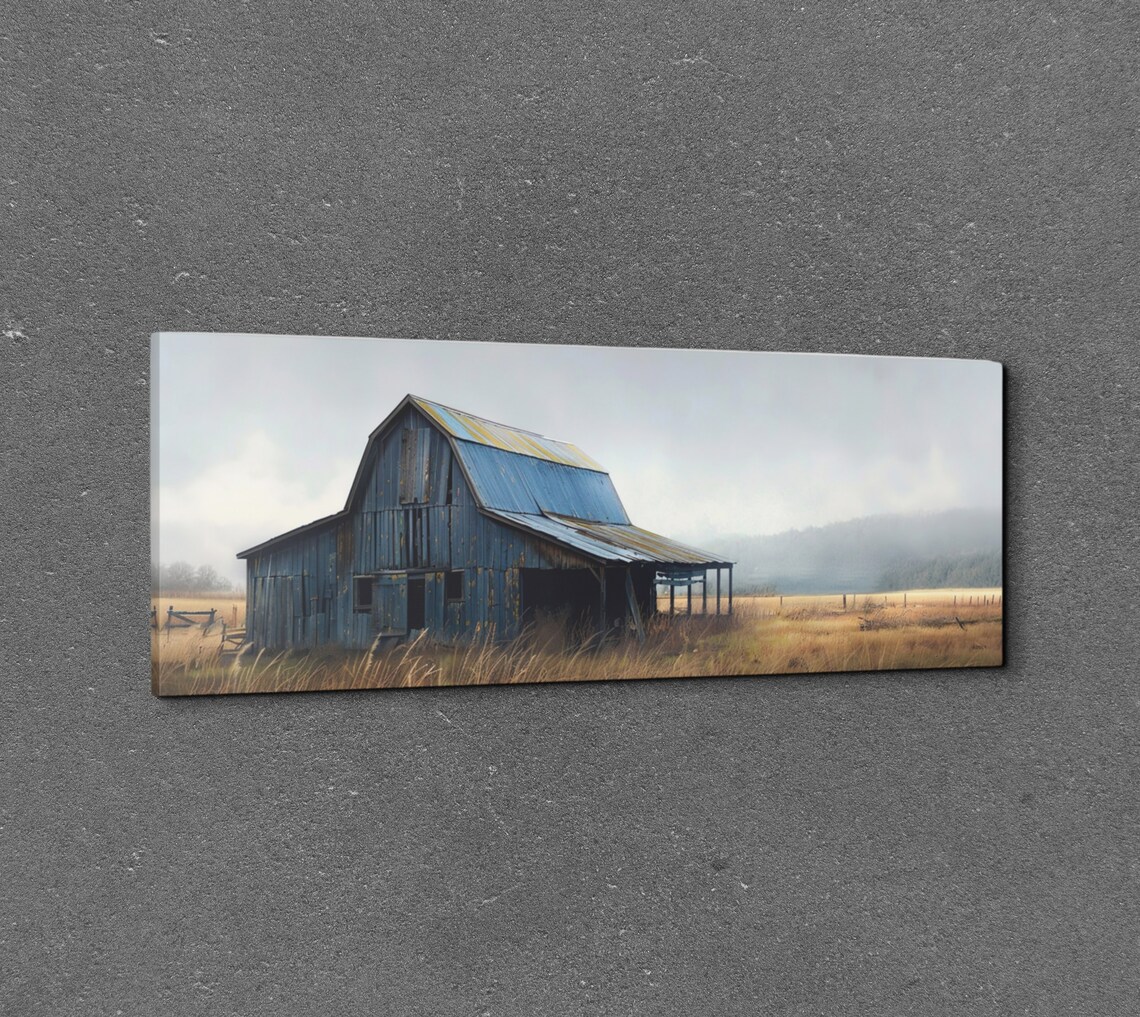 Old Blue Gray Barn In Misty Field Farmhouse Country Art Poster - Image 3