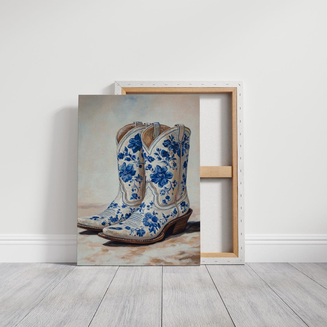 Blue And White Floral Delft Style Cowboy Boots Painting Poster - Image 2