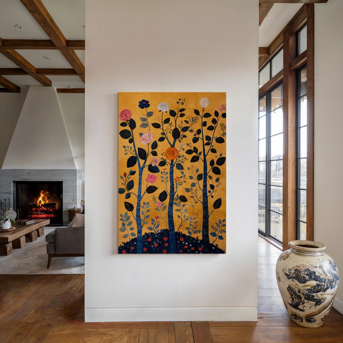 Stylized Rose Trees On Mustard Gold Folk Art Botanical Poster - Image 7