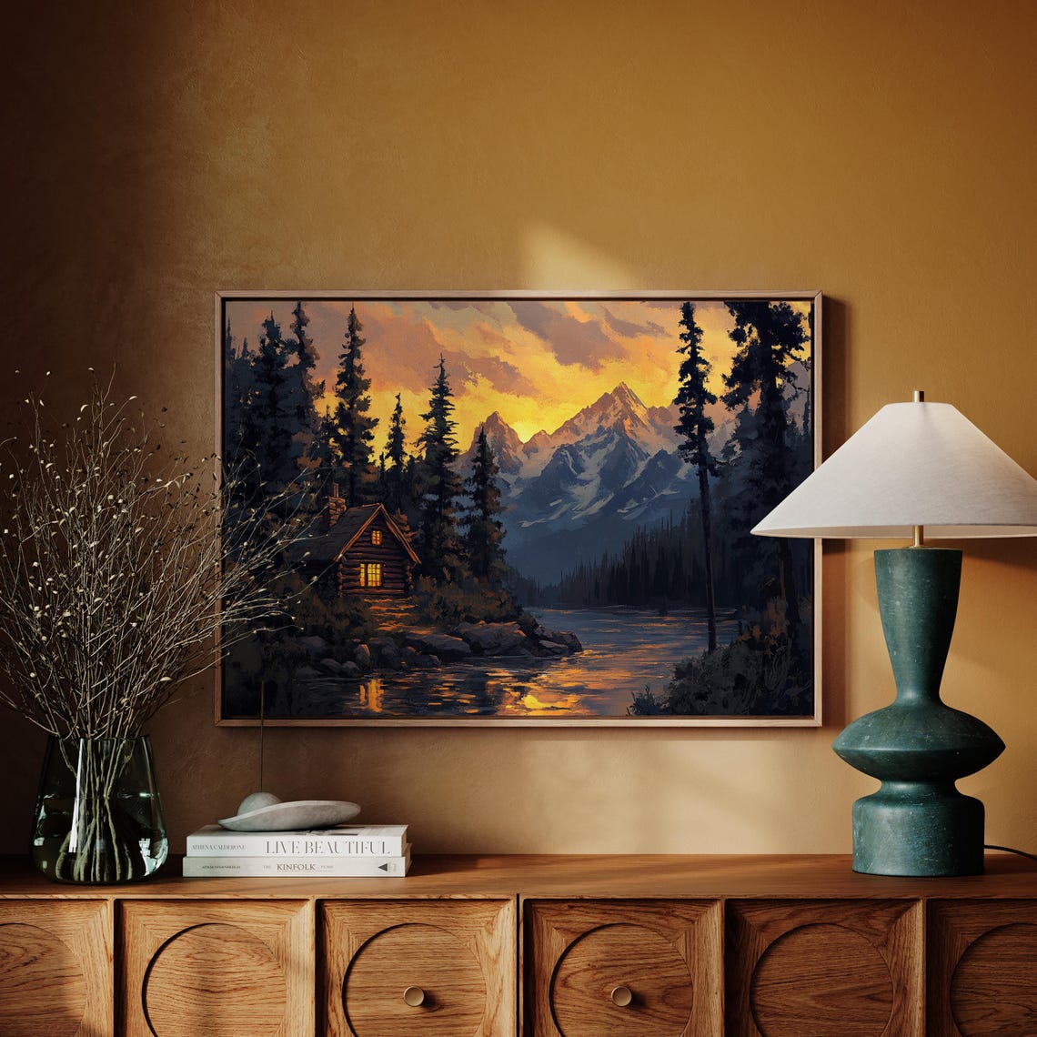 Cozy Cabin Sunset Mountain Lake Wall Art Rustic Lodge Decor Wilderness Nature Print Glowing Sunset Landscape Painting - Image 3