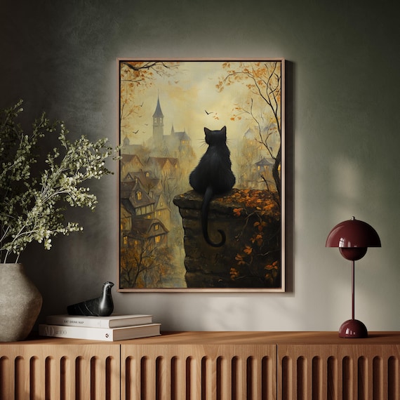 Black Cat Over Autumn Village Poster Vintage Halloween Fall Mystical Scene Decor