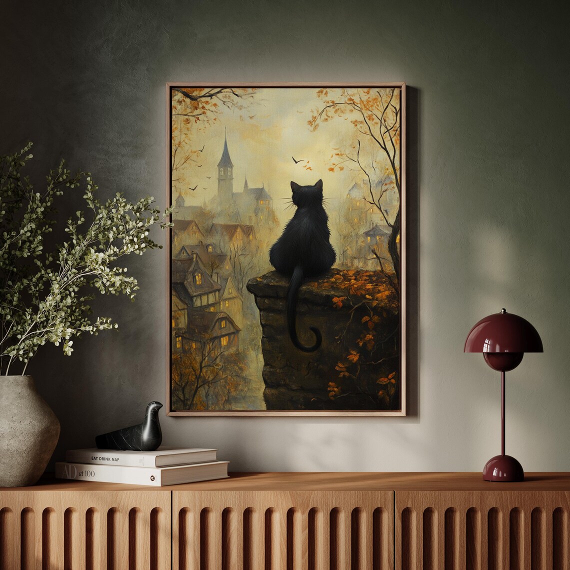 Black Cat Over Autumn Village Poster Vintage Halloween Fall Mystical Scene Decor