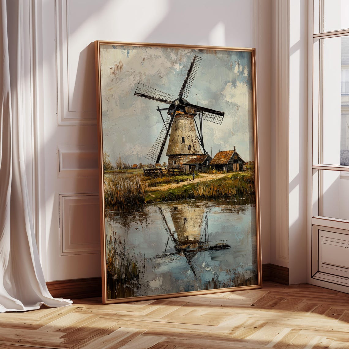 Dutch Windmill Reflected on Calm Water Rustic Oil Painting Poster