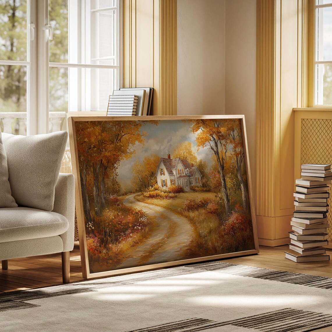 Charming Country Cottage in Autumn Golden Fall Landscape with Winding Road Poster - Image 6