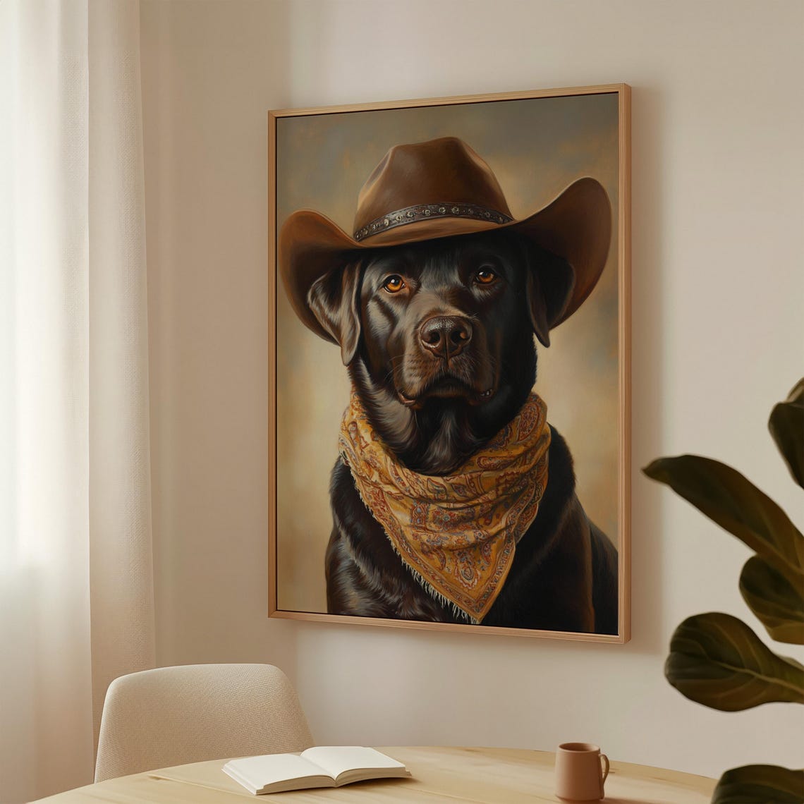Black Labrador Cowboy Hat Gold Bandana Western Dog Portrait Poster