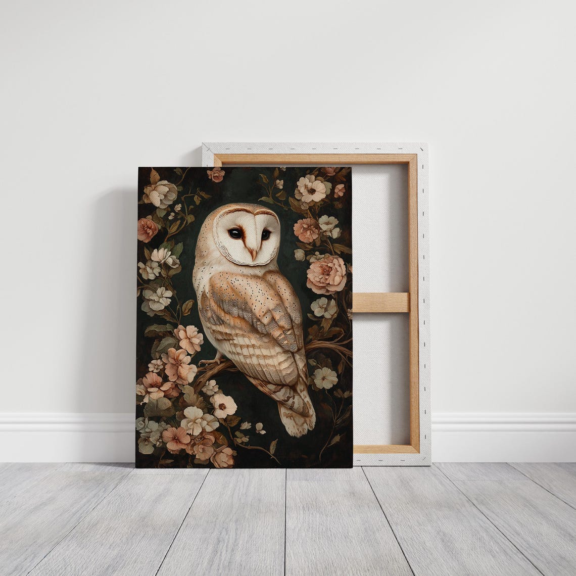 Barn Owl Surrounded by Peach Blossoms Dark Floral Art Poster - Image 3
