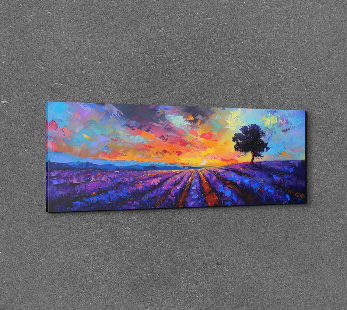 Sunset Over Lavender Field Silhouette Tree Impressionist Art Poster - Image 3