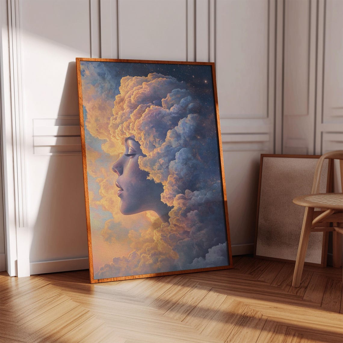 Woman Profile Formed By Golden Clouds Under Starry Sky Wall Art
