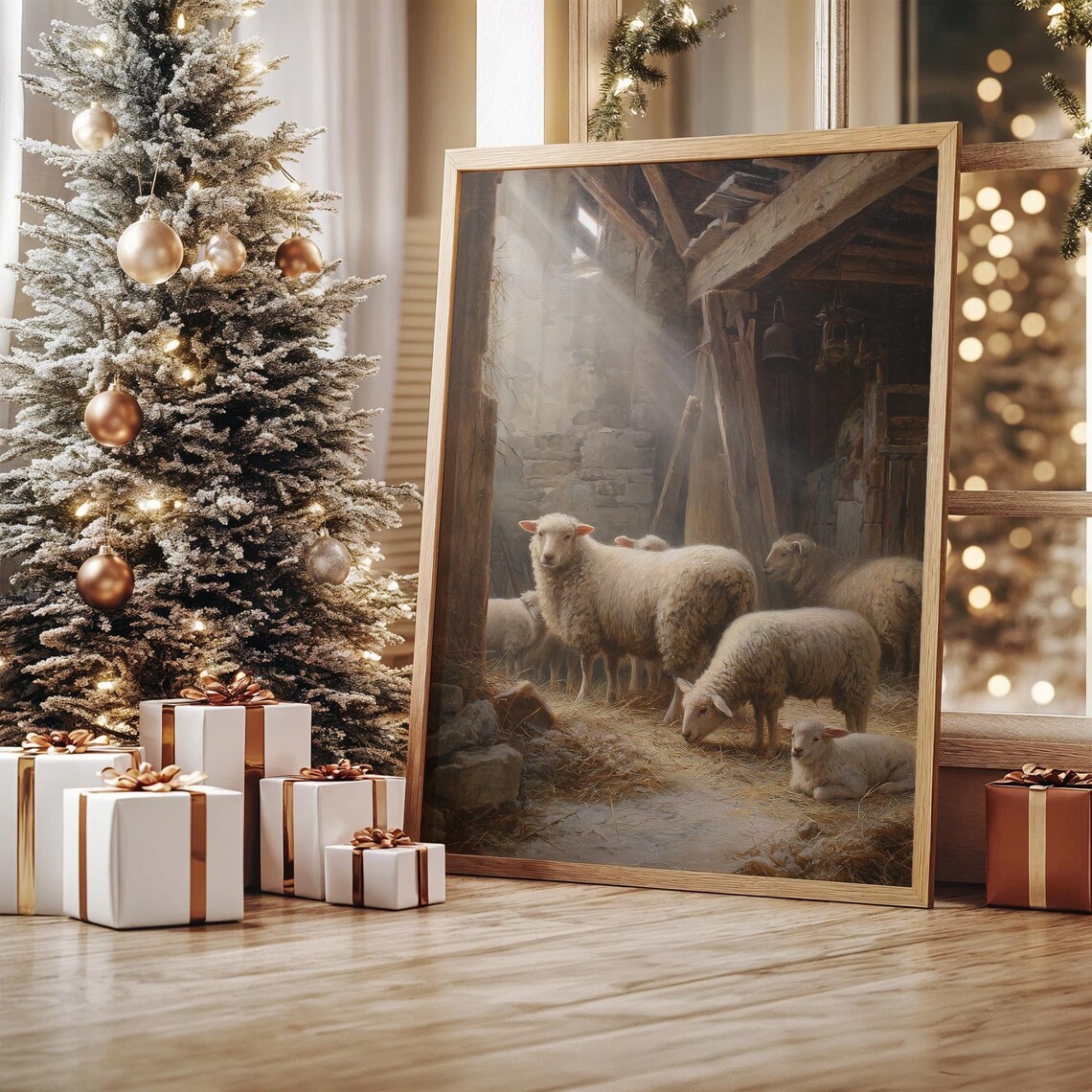 Sheep In Stable With Sunlight, Nativity Scene Art Print