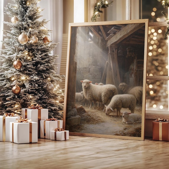 Sheep In Stable With Sunlight, Nativity Scene Art Print
