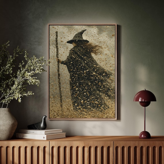 Witch in Autumn Windstorm Dramatic Swirling Leaves Halloween Poster
