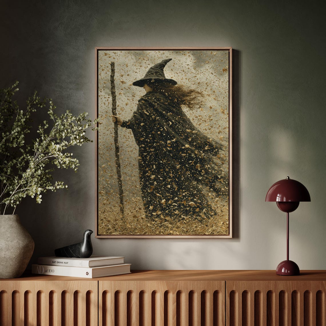 Witch in Autumn Windstorm Dramatic Swirling Leaves Halloween Poster