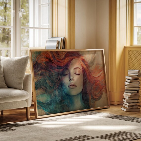 Abstract Woman Portrait Canvas Wall Art Surreal Female Face With Flowing Colorful Hair Painting Modern Boho Feminine Home Decor