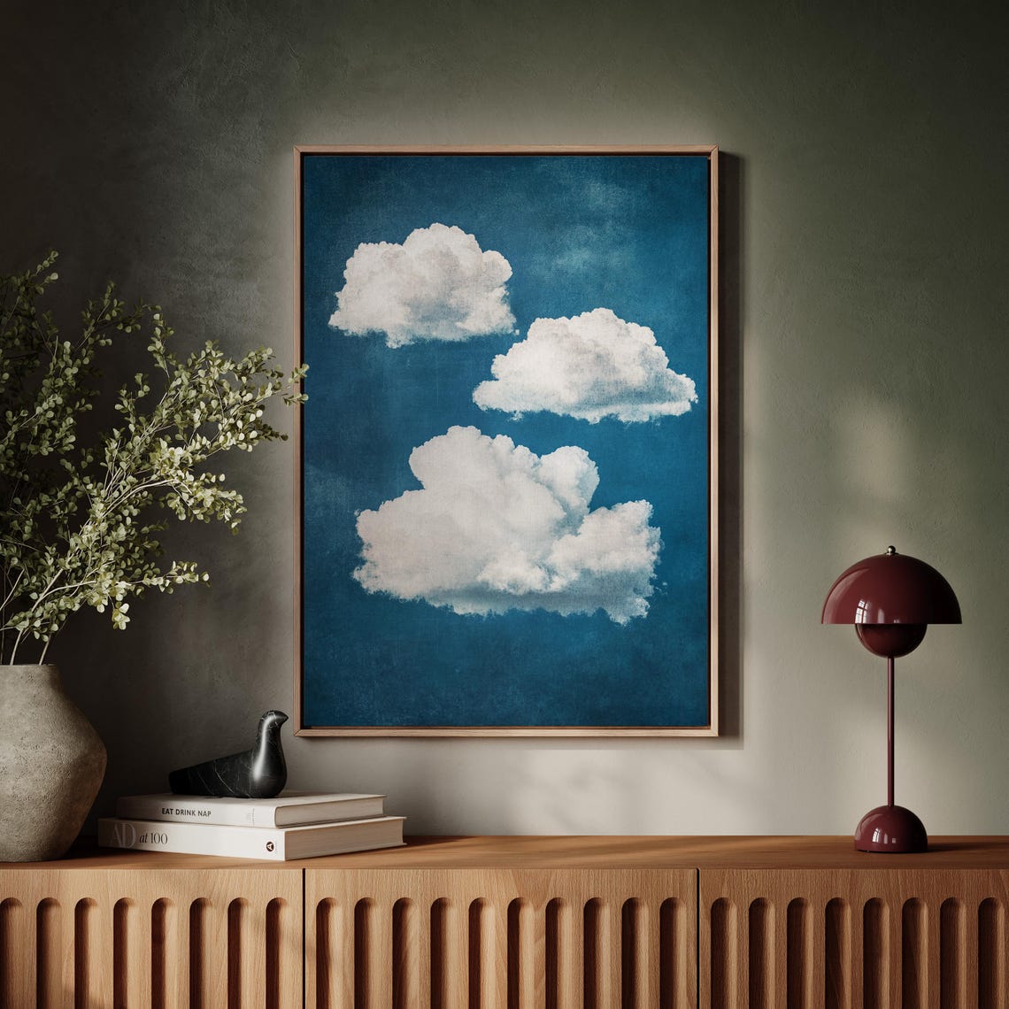 Three White Clouds On Deep Blue Vintage Textured Sky Art Poster - Image 6