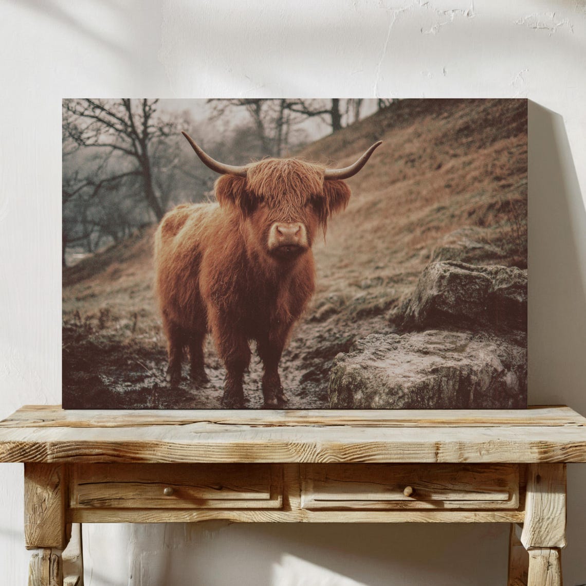 Shaggy Highland Cow On A Misty Hillside Rustic Farmhouse Print