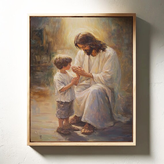 Jesus Kneeling With Child Prayer Halo Christian Faith Poster