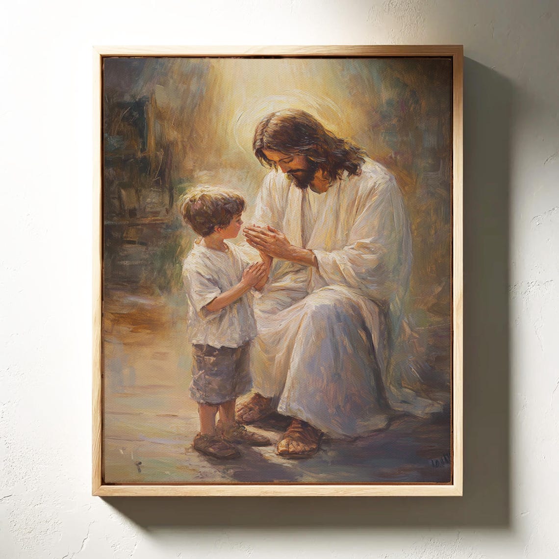 Jesus Kneeling With Child Prayer Halo Christian Faith Poster
