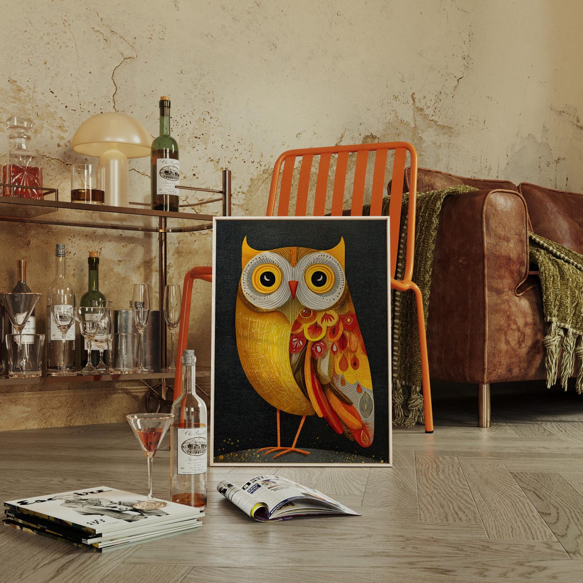 Golden Owl Folk Art Poster With Bold Autumn Feather Illustration