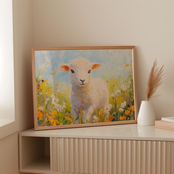 Cute Baby Lamb in Yellow Wildflowers Pastel Nursery Animal Art Print