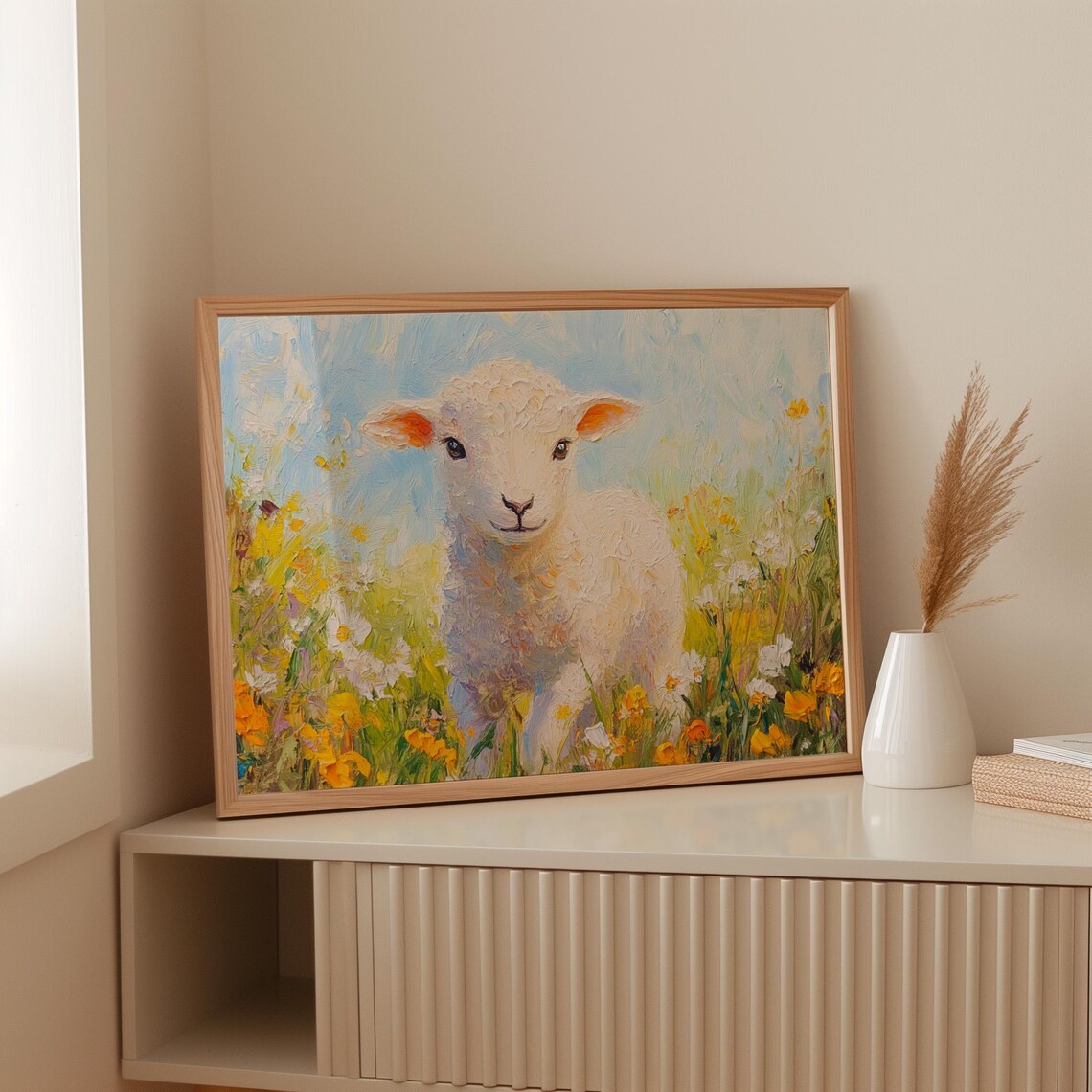 Cute Baby Lamb in Yellow Wildflowers Pastel Nursery Animal Art Print