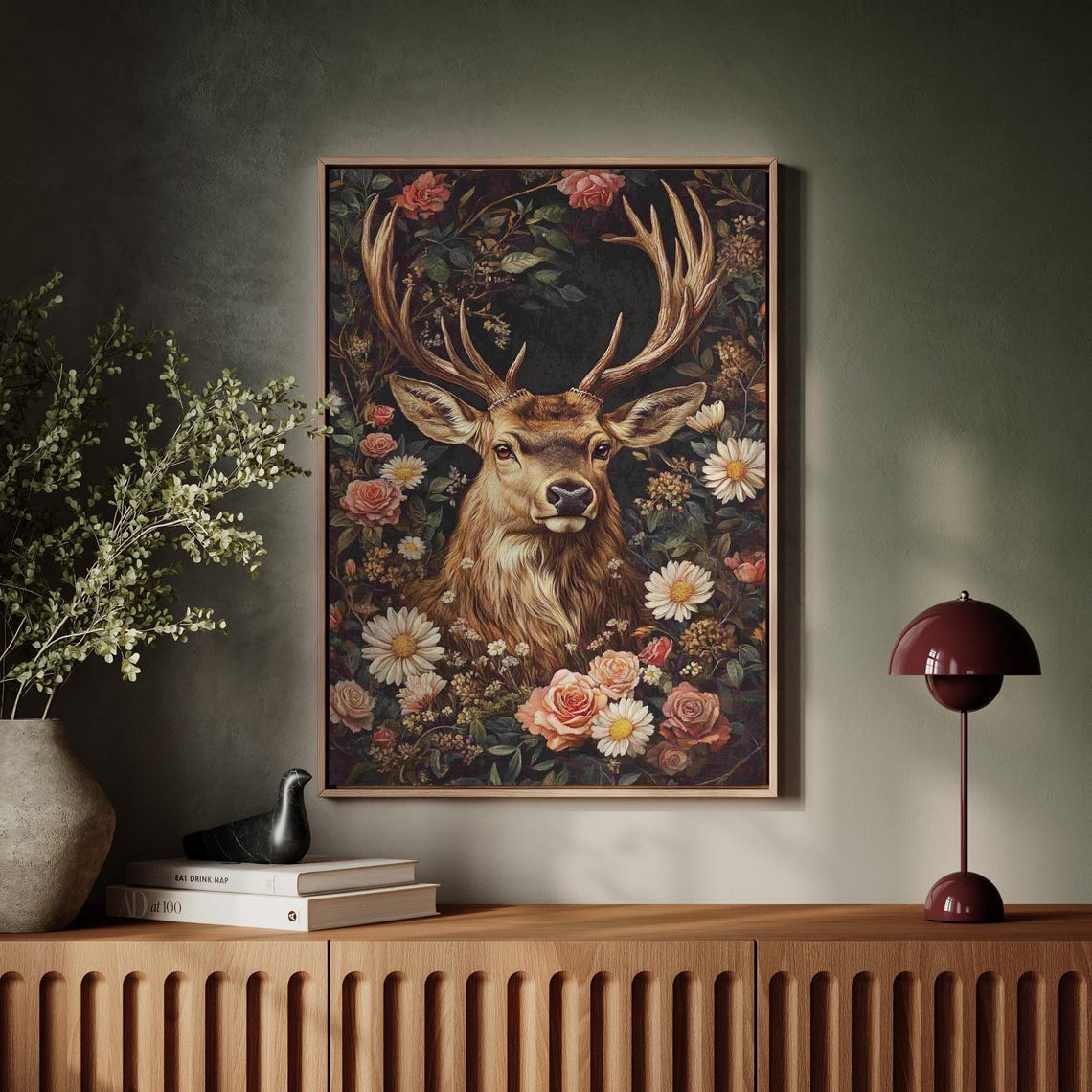Majestic Stag With Antlers Among Roses Dark Floral Wildlife Poster - Image 6