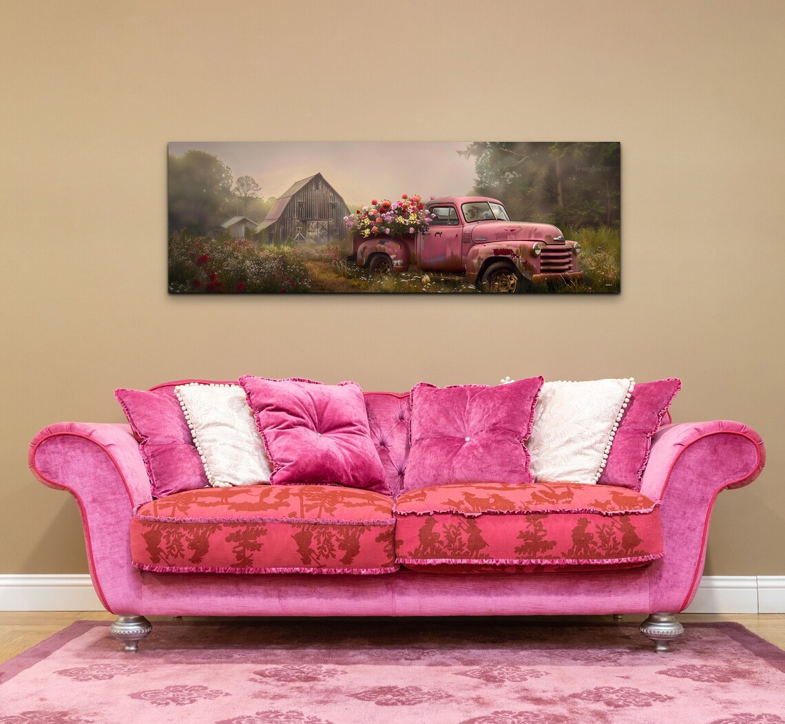 Pink Pickup On A Farm, Panoramic Art Print - Image 6