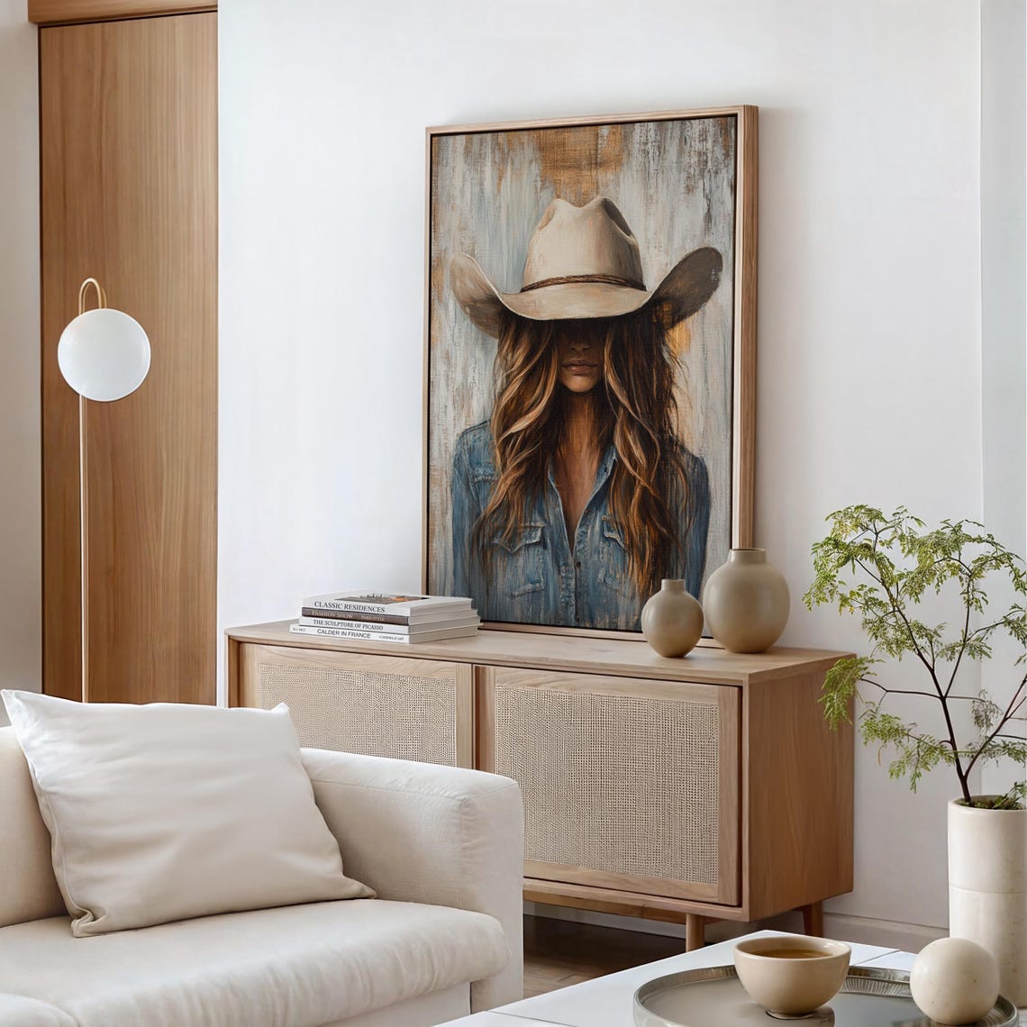 Cowgirl Art Western Wall Decor Denim Jacket And Cowboy Hat Painting Rustic Farmhouse Country Style - Image 3