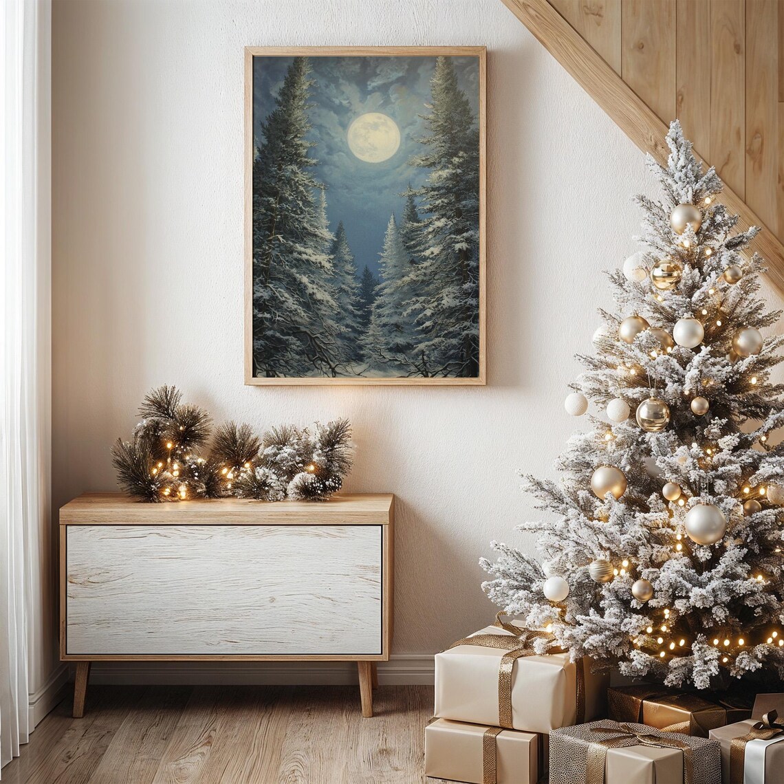 Moonlit Winter Forest, Snow Covered Pines Art Print