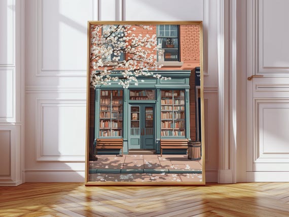 Teal Bookstore Wall Art Spring Cherry Blossom Bookshop Illustration Cozy Vintage Literary Lover Home Decor