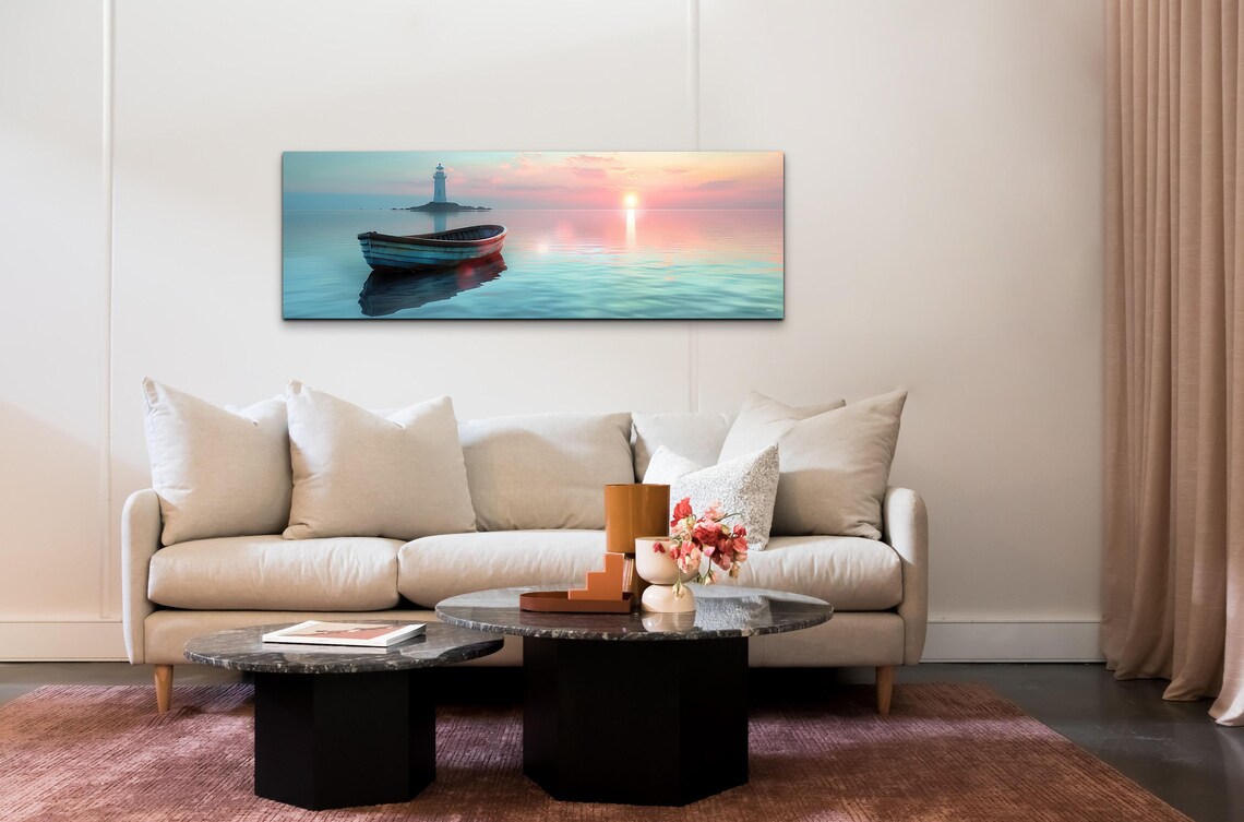 Wooden Rowboat on Calm Water With a Distant Lighthouse Panoramic Poster - Image 3