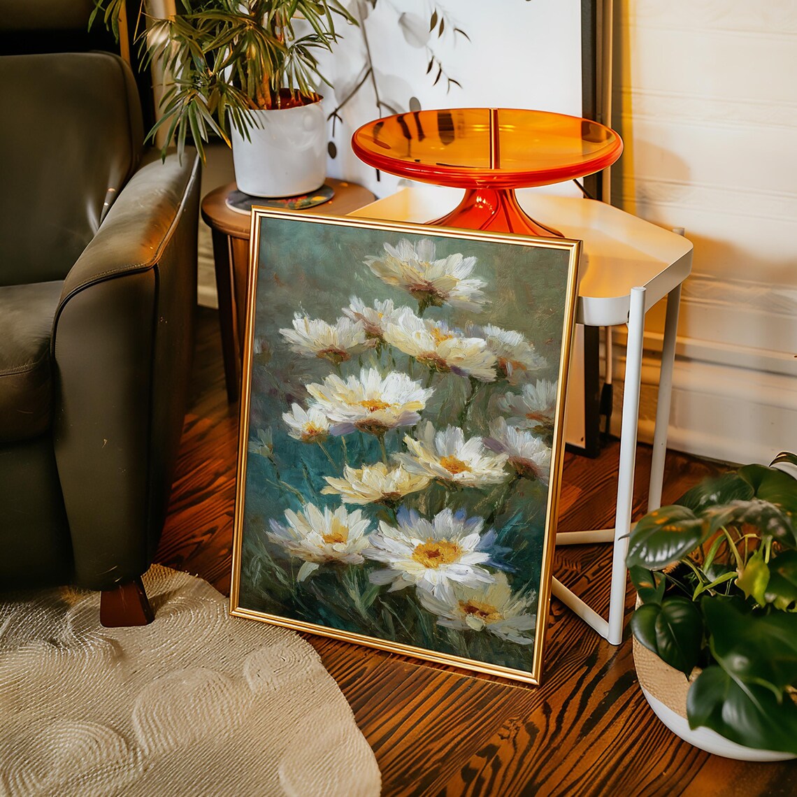 White Daisies Oil Painting Textured Brush Strokes Floral Garden Wall Poster