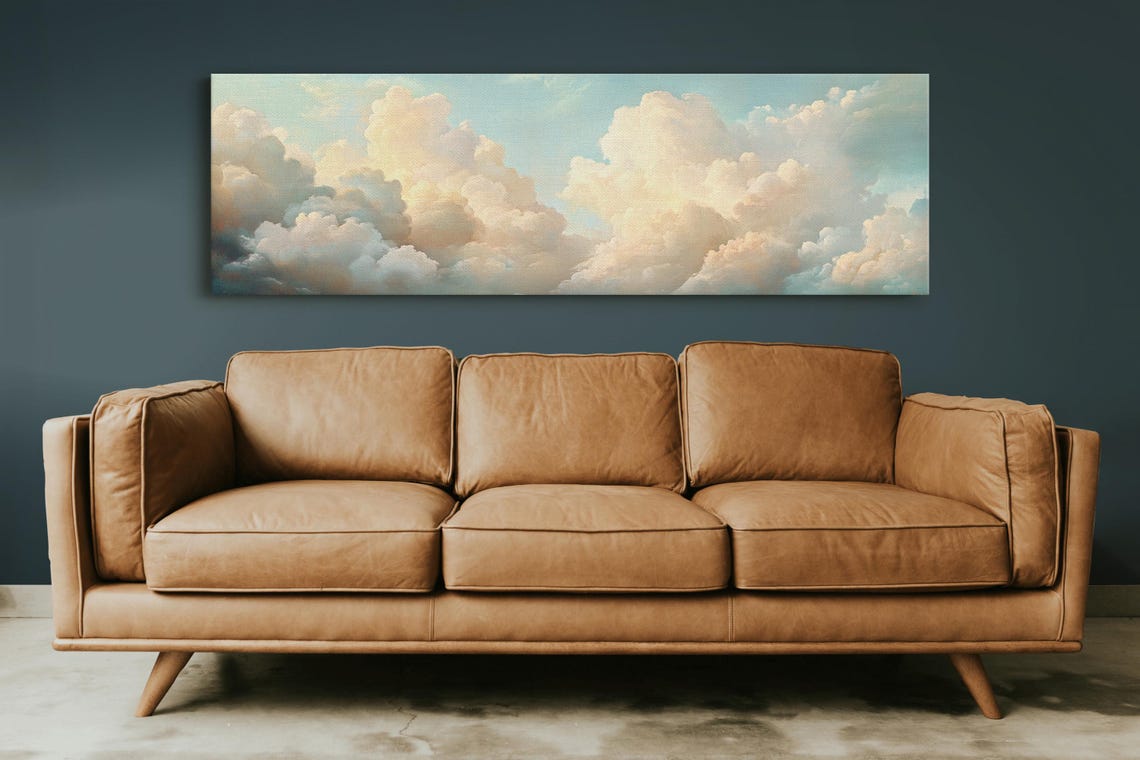 Panoramic Cloudscape Dreamy Sky Wall Art Serene Sunset Clouds Vintage Oil Painting Ethereal Nature Decor - Image 4