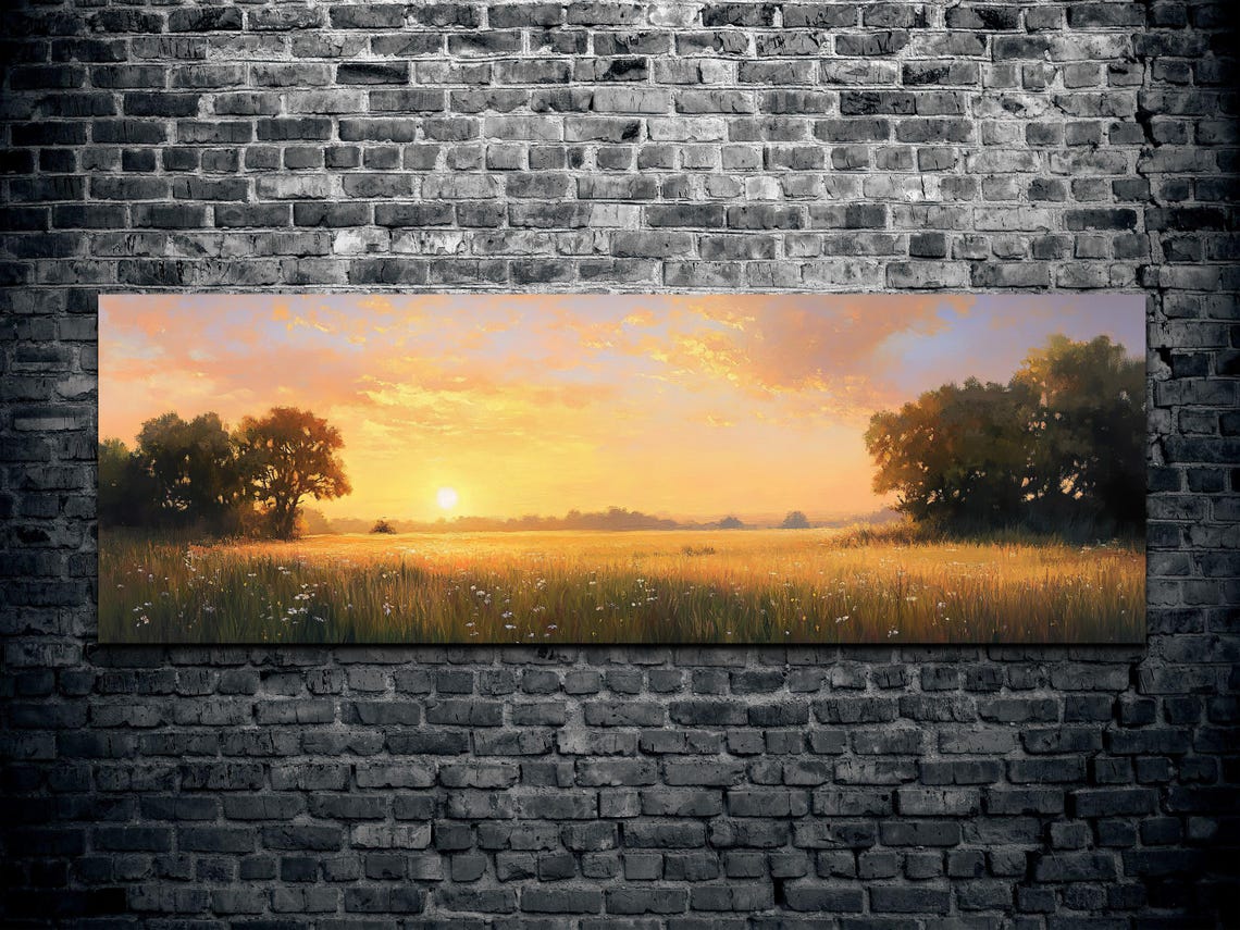 Sun Setting Over Golden Meadow Wildflowers Panoramic Oil Poster - Image 2