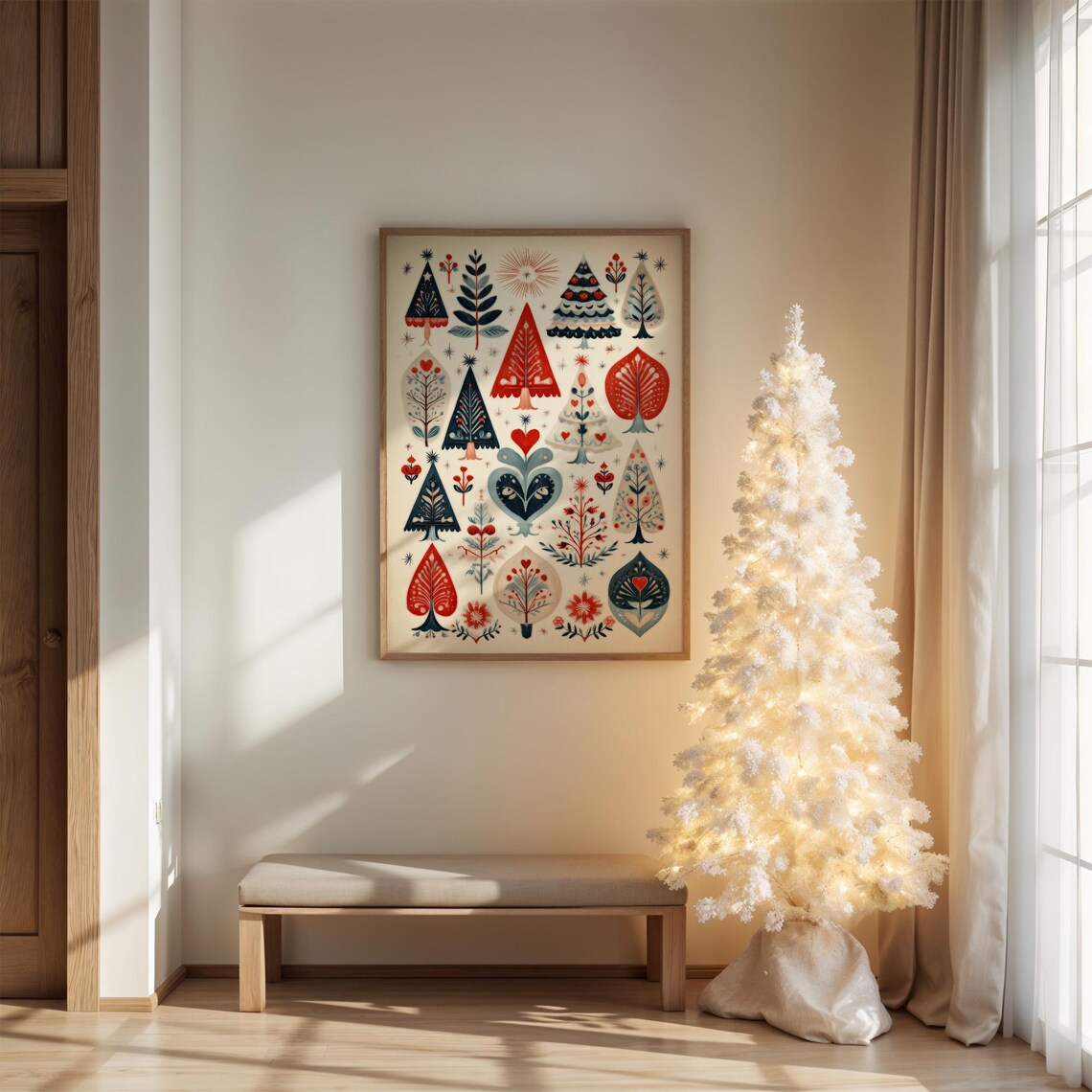 Whimsical Folk Art Christmas Trees Art Print