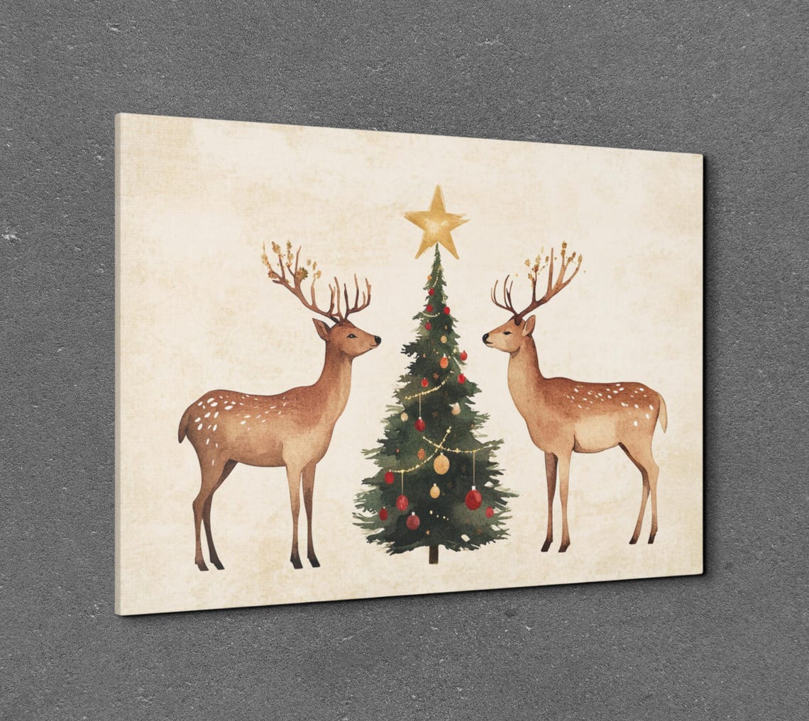 Watercolor Deer Pair Christmas Tree Star Snowy Holiday Poster - Image 6