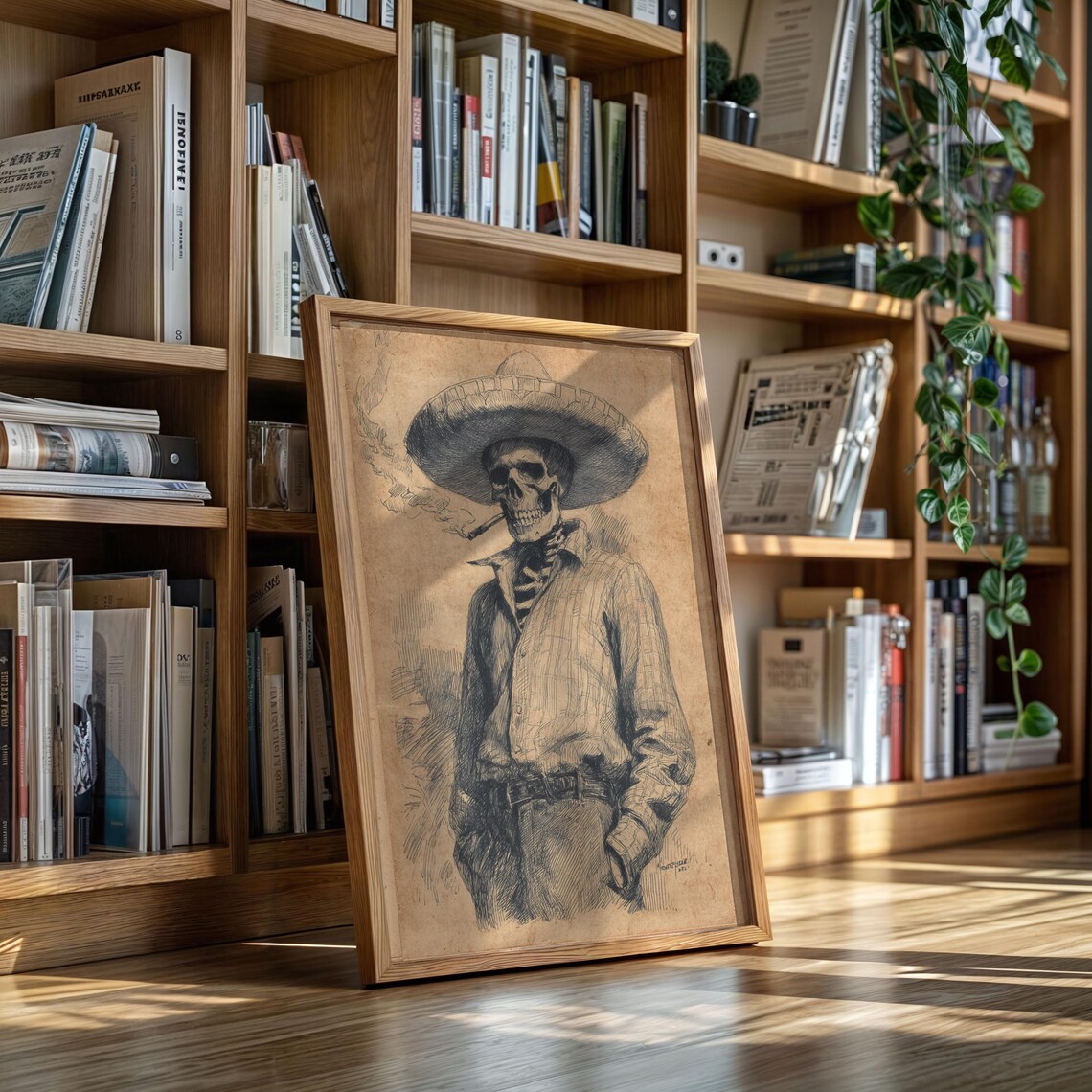 Smoky Sepia Skeleton Vaquero Sombrero Sketch Day Of Dead Poster