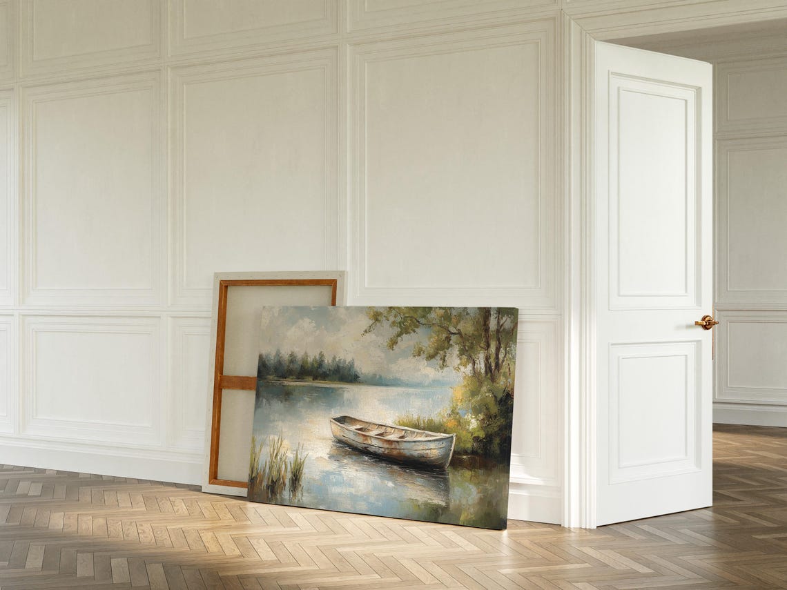 Rustic Rowboat Calm Lake Vintage Lakeside Landscape Wall Art - Image 6