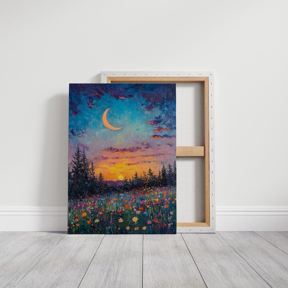 Crescent Moon Over Vibrant Wildflower Meadow Sunset Art Poster - Image 3