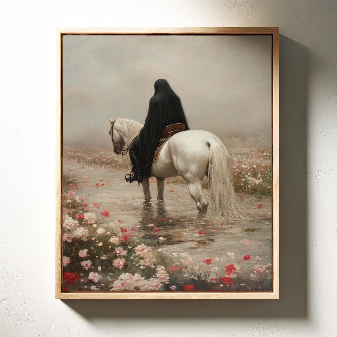 Mystical Cloaked Rider on White Horse Amid Rose Petals Wall Art Poster - Image 2