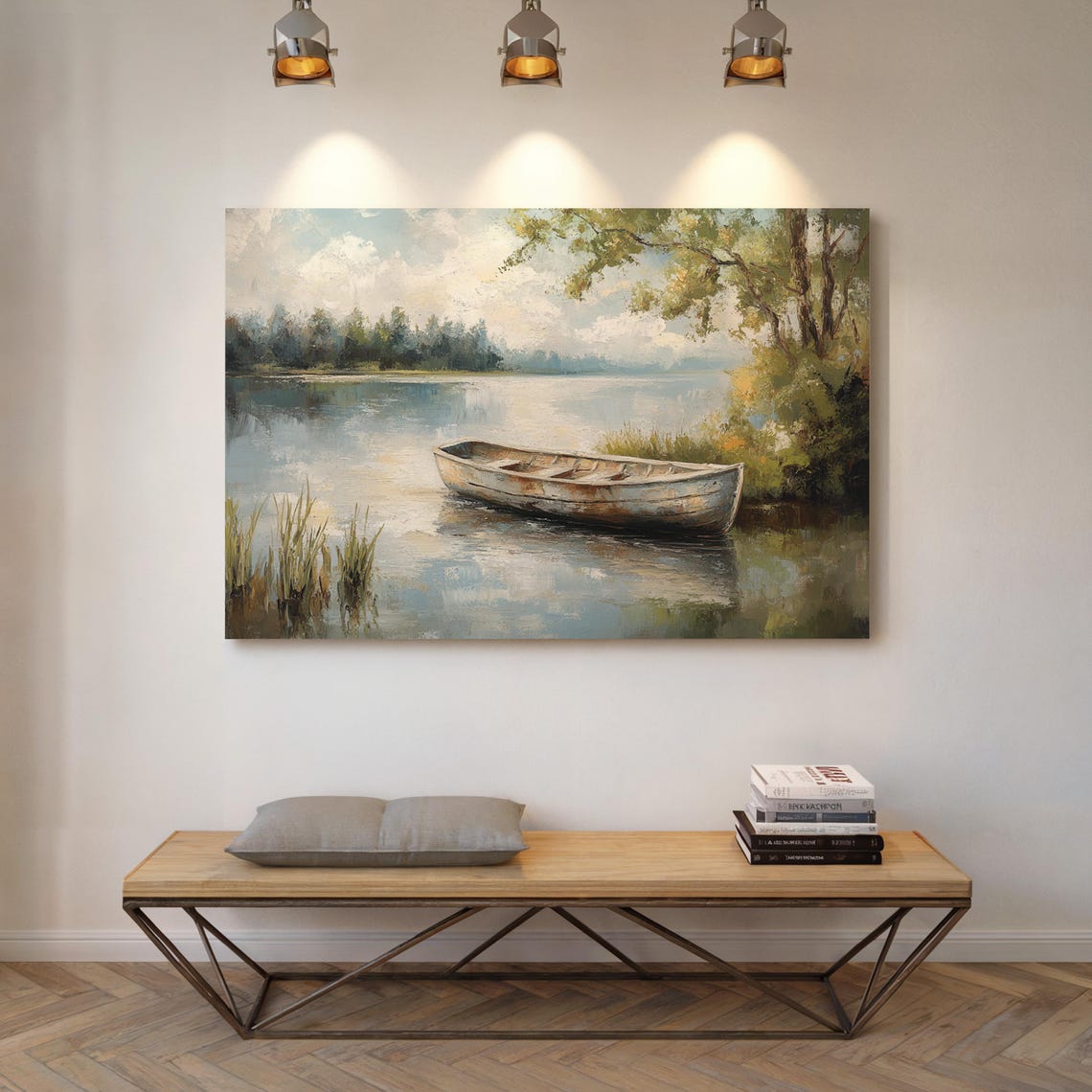 Rustic Rowboat Calm Lake Vintage Lakeside Landscape Wall Art - Image 7