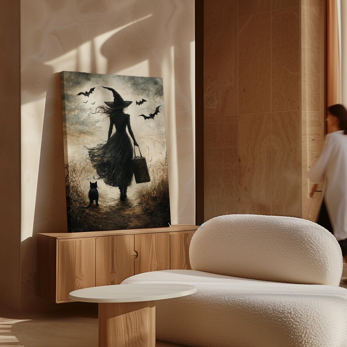 Witch With Black Cat And Bats, Gothic Halloween Art Print - Image 4