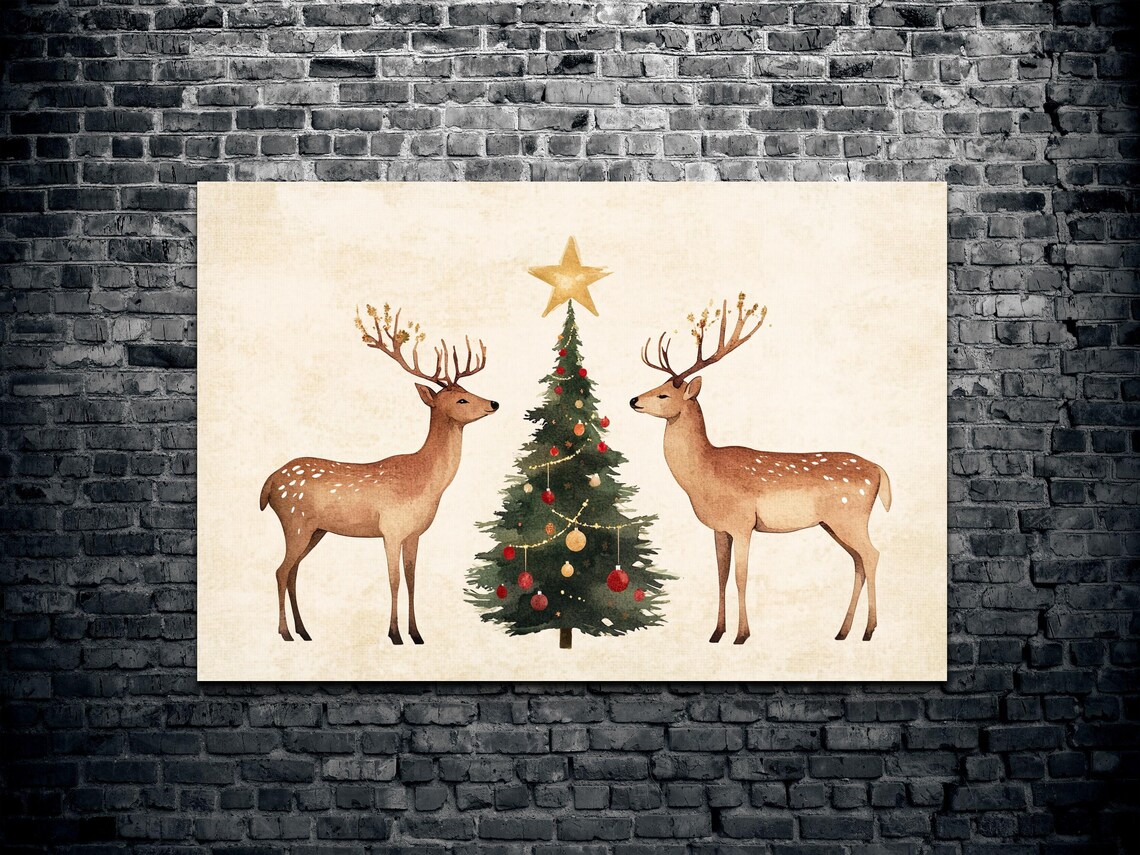 Watercolor Deer Pair Christmas Tree Star Snowy Holiday Poster - Image 2
