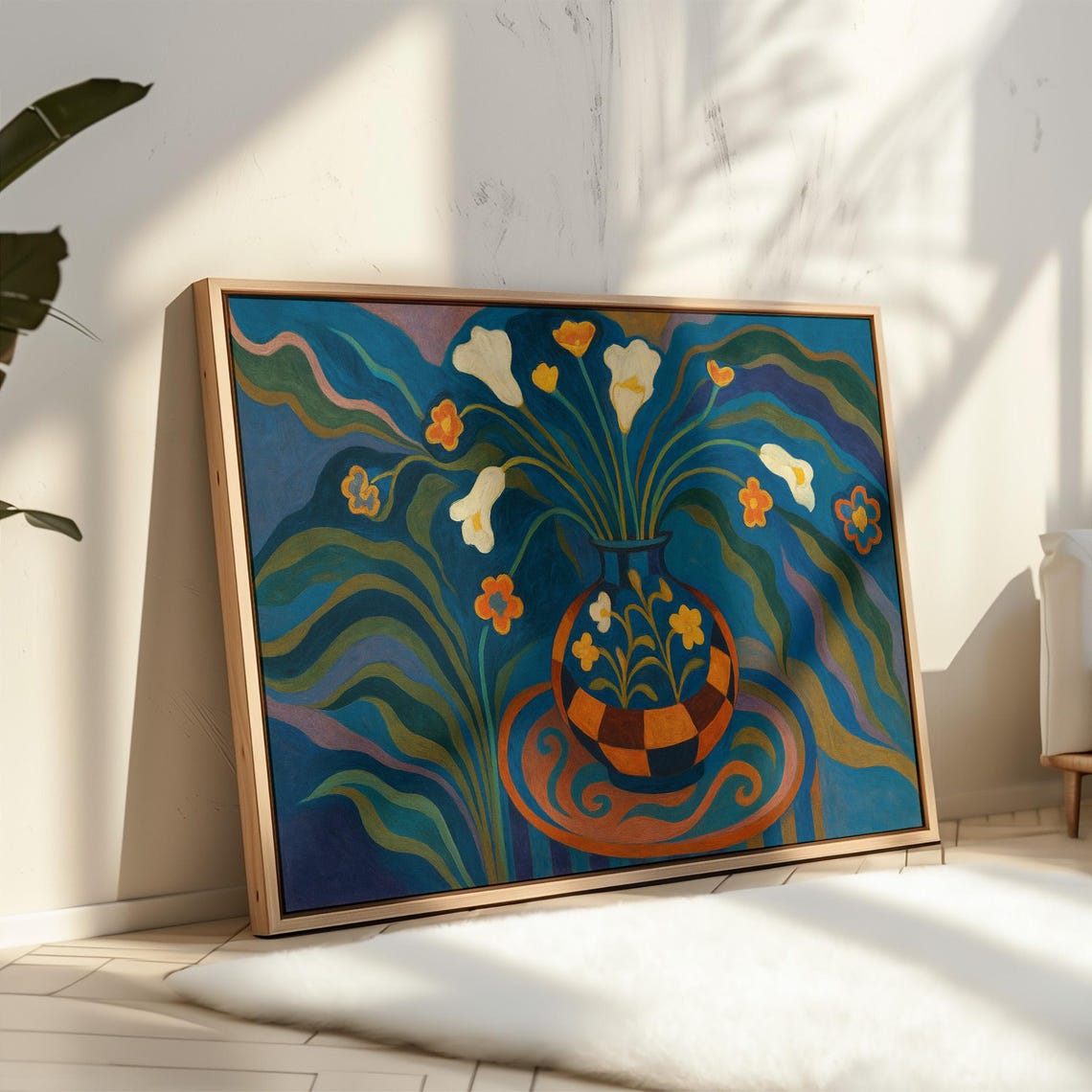 Bold Floral Vase Still Life Colorful Abstract Blooms Blue Poster