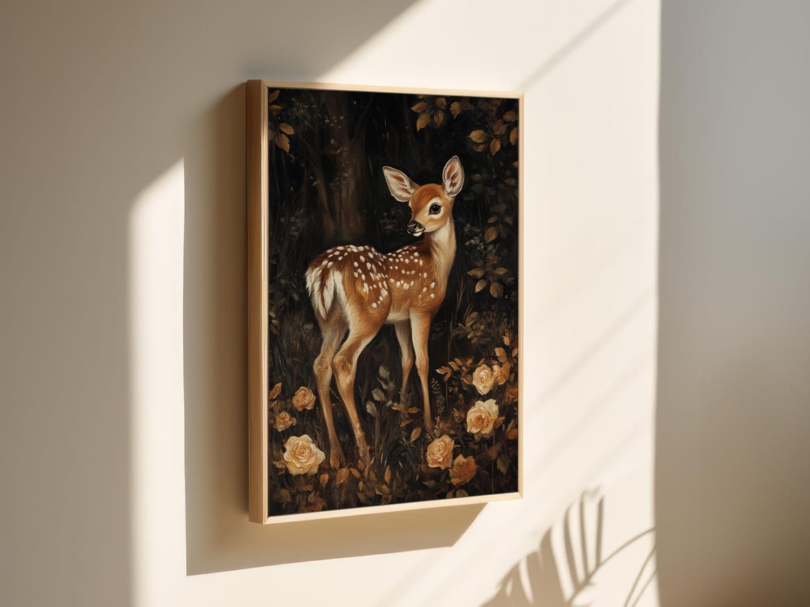 Baby Fawn In Shadowy Forest With Golden Roses Painting Poster - Image 4