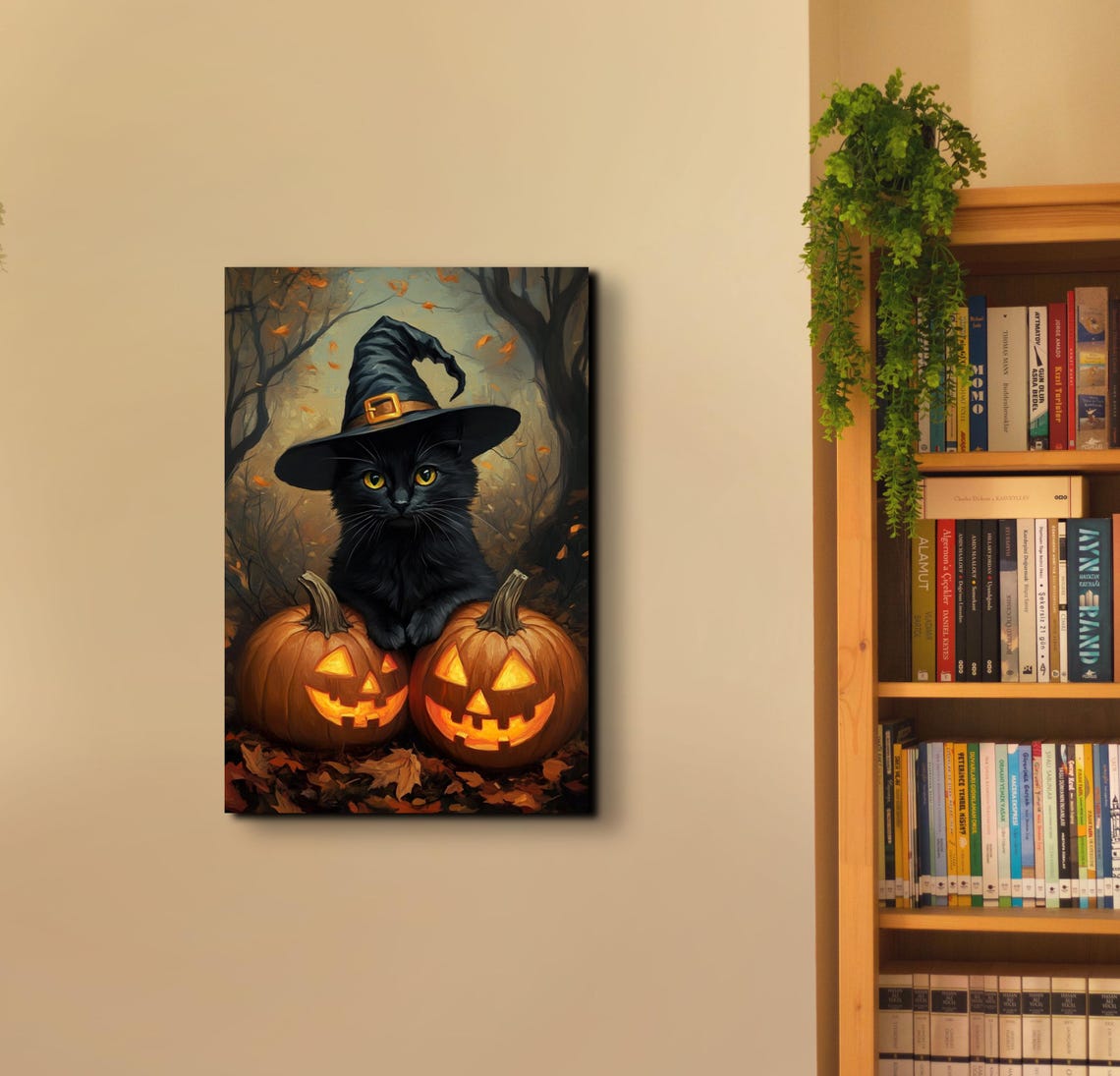 Black Cat Witch Hat Pumpkin Patch Cute Halloween Cat Art Poster - Image 3