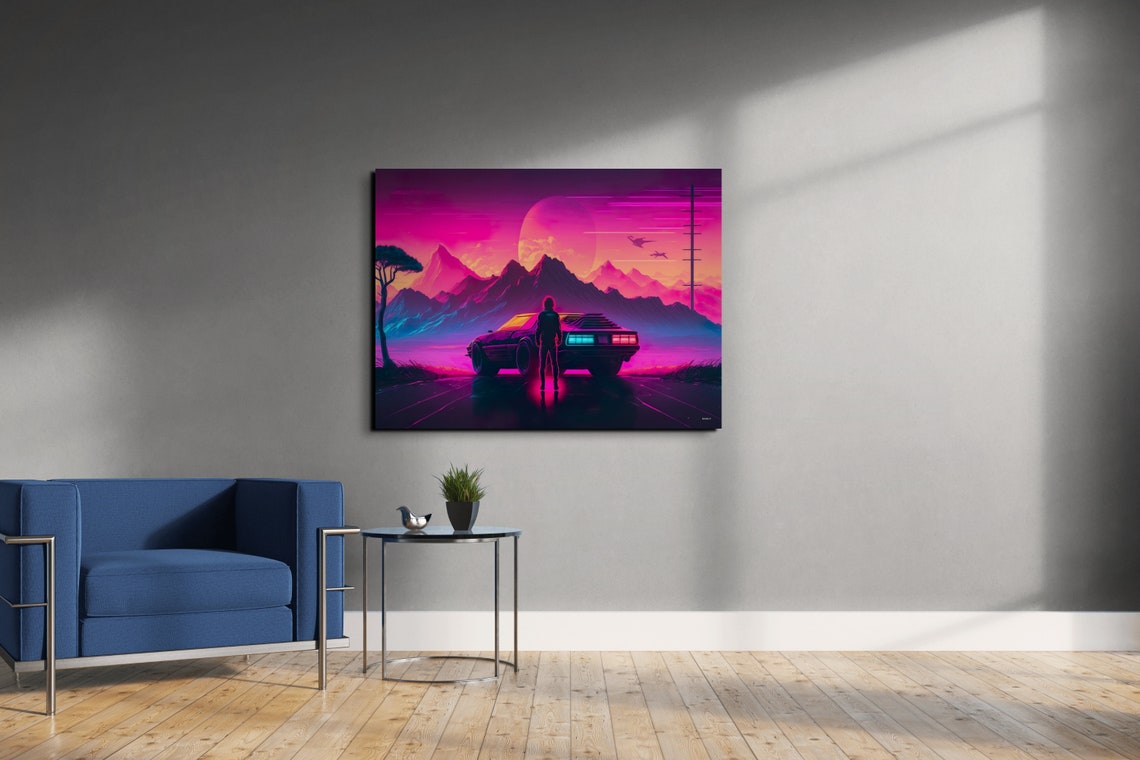 Retro Synthwave Sunset Drive Neon Mountains Giant Moon Poster - Image 4